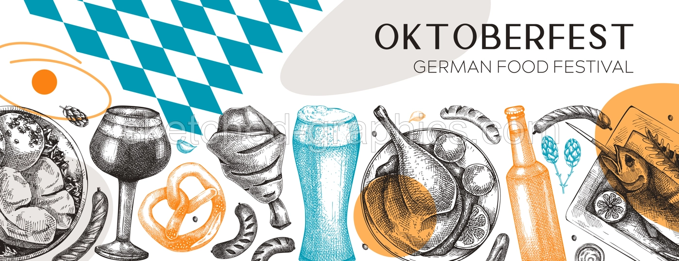 German food background in collage style. Oktoberfest menu trendy design. Vector meat dishes sketches and geometric shapes. German cuisine modern banner. Traditional Food festival illustration.  Illustration